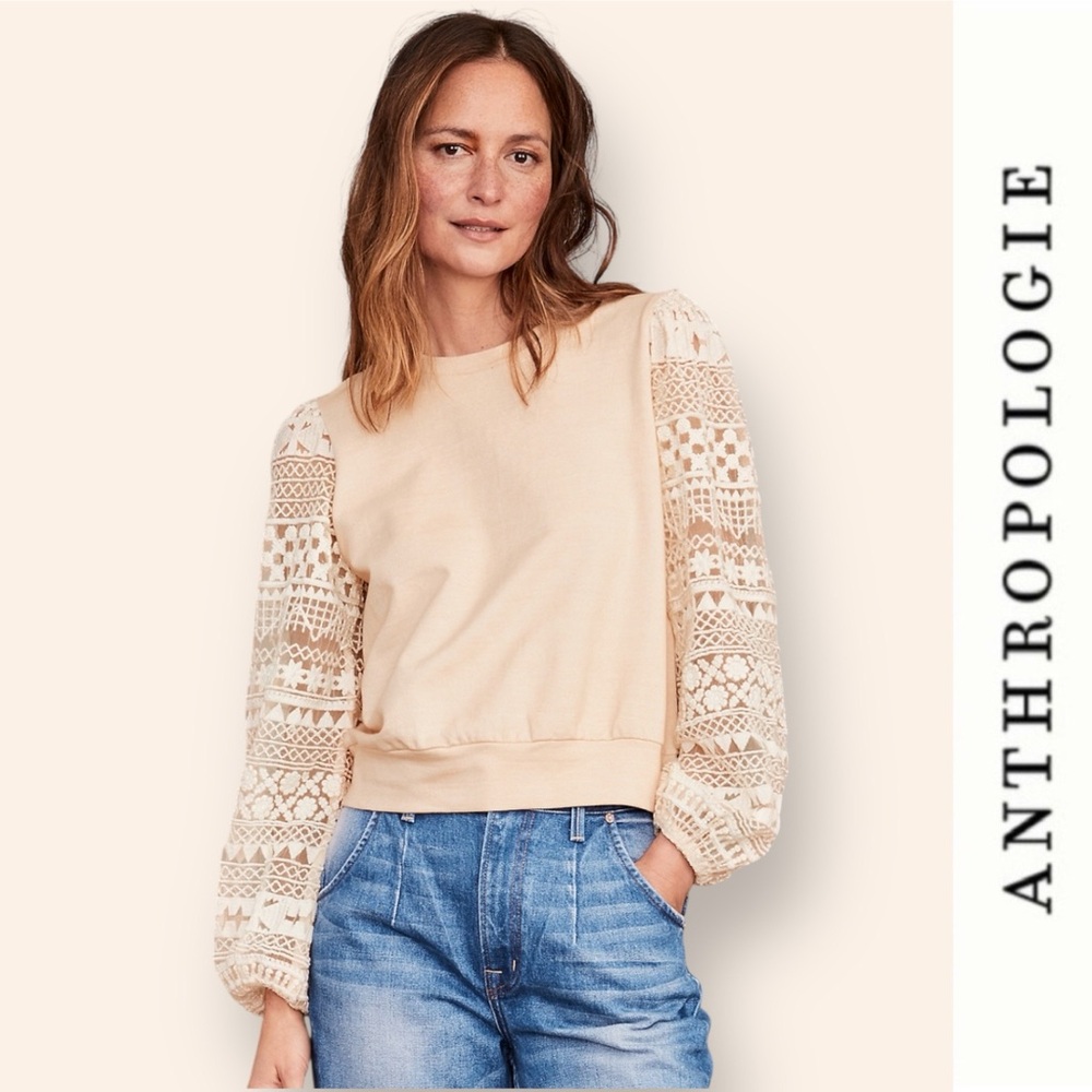 NWT Anthropologie/The Odells Jenna Lace-Sleeve Sweatshirt, Size M, MSRP $158